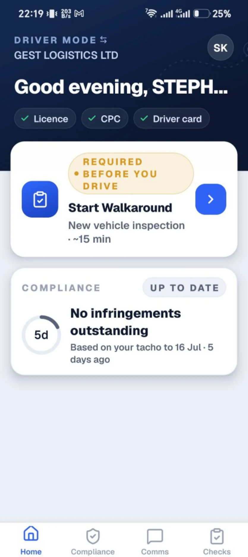 The DDIR driver app home screen showing licence, CPC and driver card all valid, with the walkaround required before driving