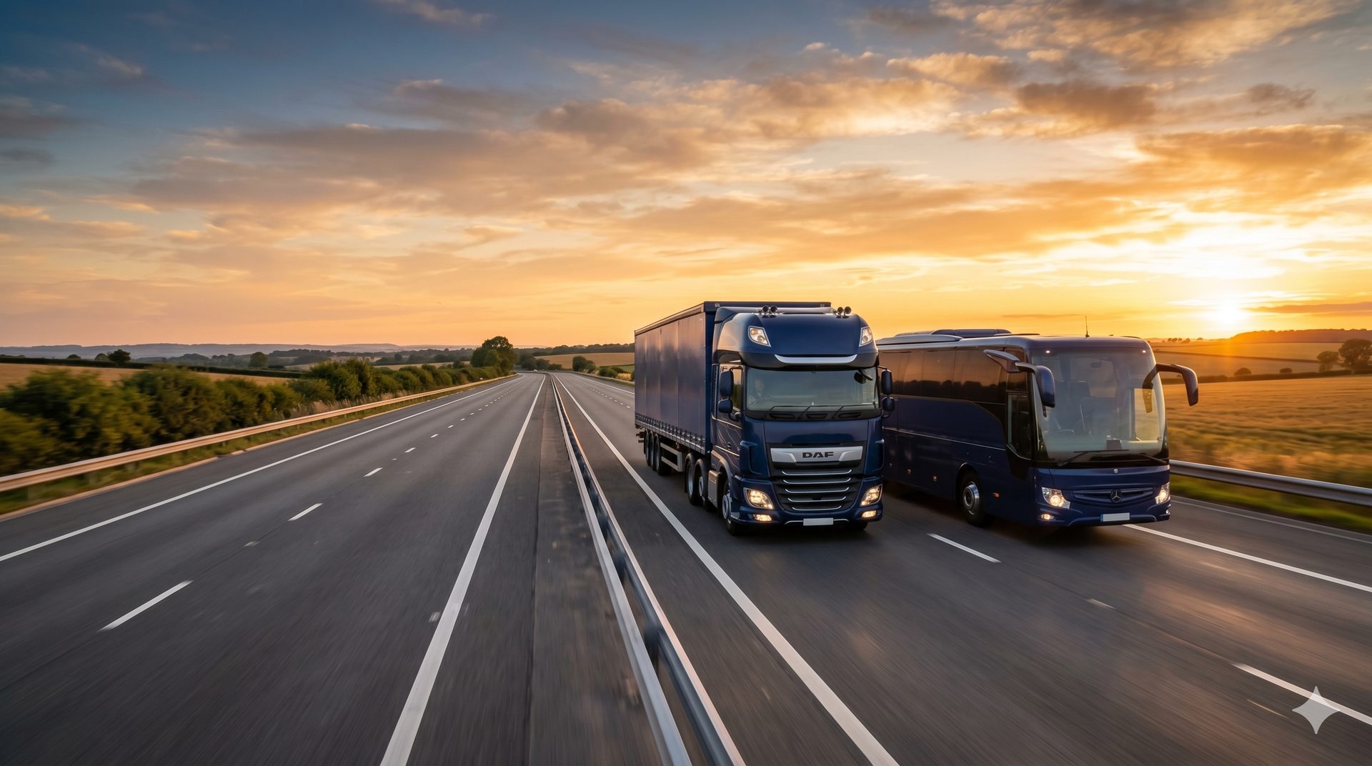 HGV and coach on a UK motorway at golden hour